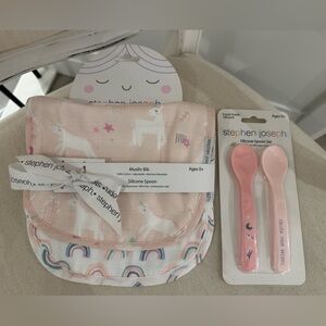 🦢 Baby Stephen Joseph Muslin Cotton Unicorn Bibs and Spoon Set Mini Bundle NWT